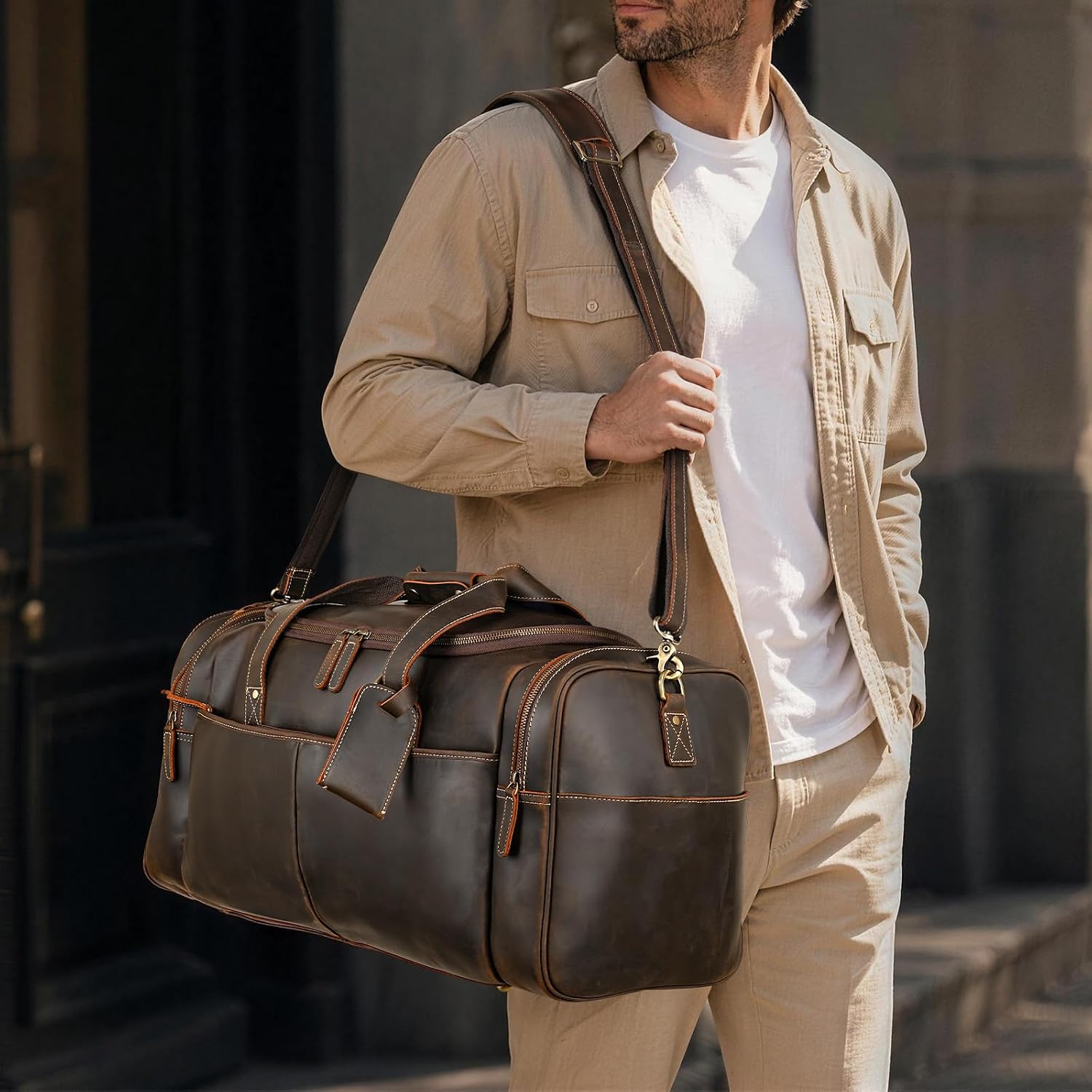 Polare 24 Inch Leather Duffel Bag for Men Full Grain Leather Travel Overnight Gym Sports Weekender Bag Large, Brown, L, Retro