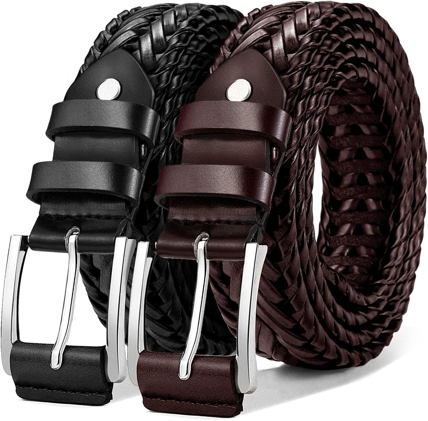 Mens belt 2 Pack, Woven Braided Leather Belt for Gift Men Causal Golf Pants Polo Shirts Matching 2pack-black/Wine Red2369 34"-38"Waist Adjustable