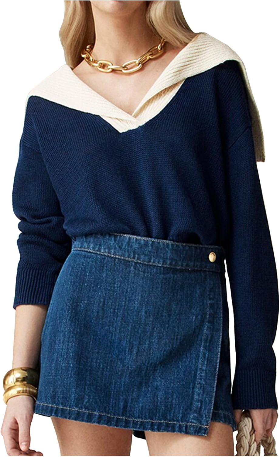 Women Sailor Collar Pullover Sweater Long Sleeves V-Neck Knitted Tops 2024 Fall Vintage Wool-Blend Sweater Navy Medium