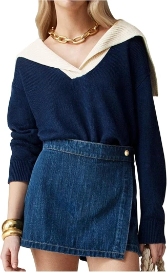 Women Sailor Collar Pullover Sweater Long Sleeves V-Neck Knitted Tops 2024 Fall Vintage Wool-Blend Sweater Navy Medium