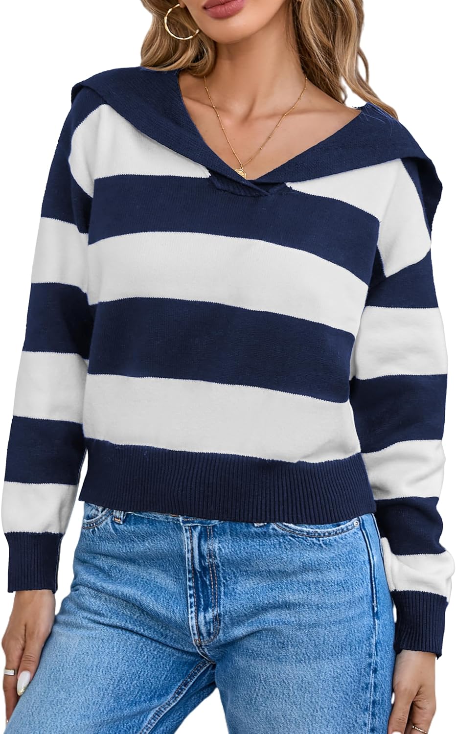 Collared Sweaters for Women V Neck Long Sleeve Pullover Sweater Lightweight Loose Ribbed Knit Polo Shirts Jumper Top C-navy Striped X-Large