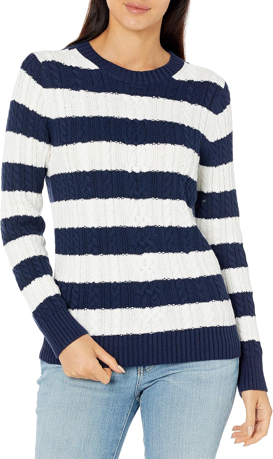 Women's Soft Fisherman Cable Long-Sleeve Crewneck Sweater (Available in Plus Size) Small Navy White Rugby Stripe