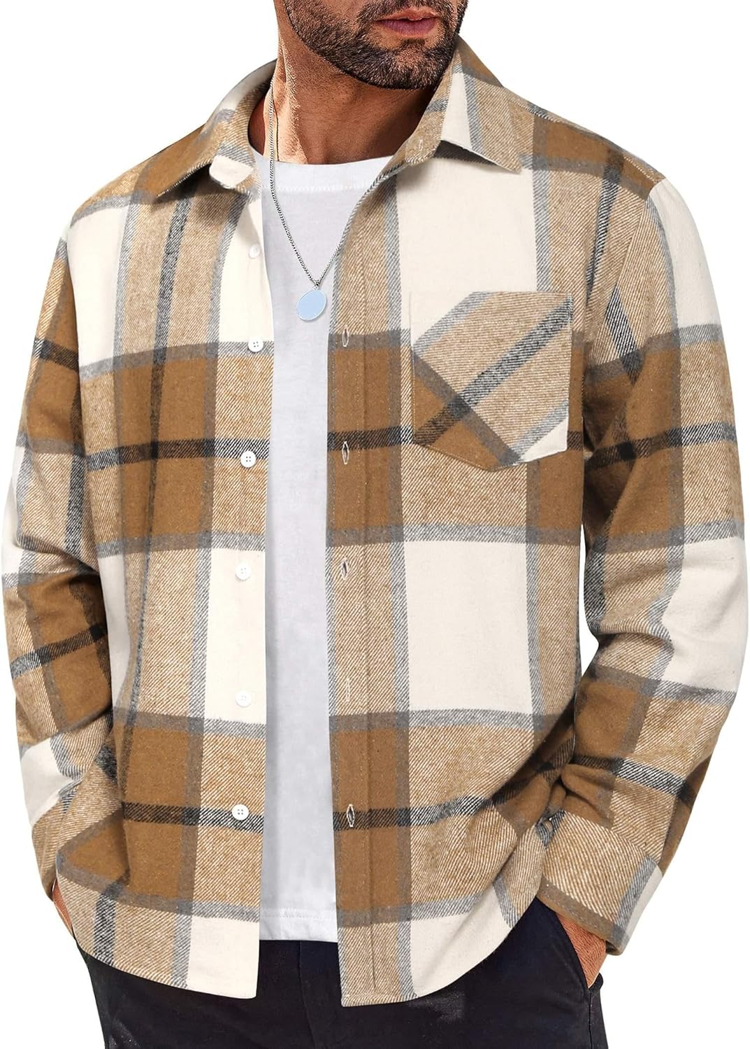 Mens Flannel Shirts Long Sleeve Lightweight Plaid Shirt Casual Button Down Shirts Jacket Light Khaki Small