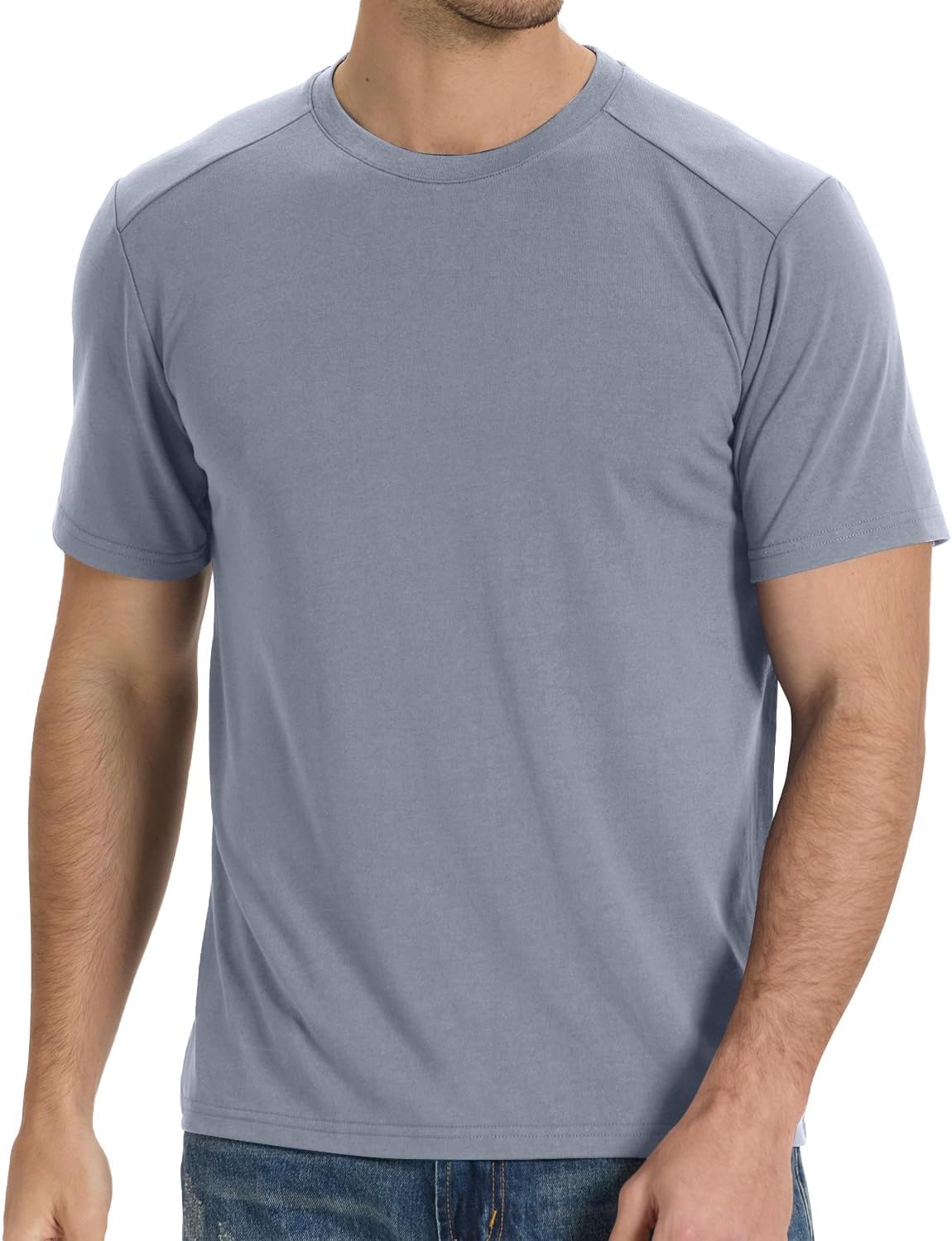 Men's T-Shirts Short Sleeve Shirt Heavyweight Crew Neck T Shirt for Man Soft Moisture Wicking Casual Tees B-blue Grey Large