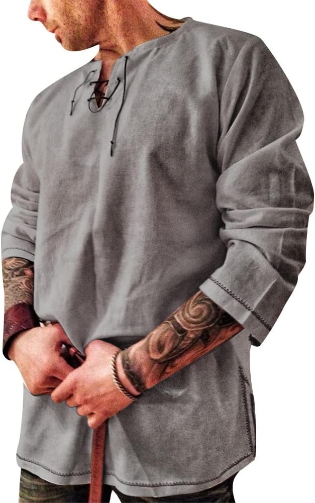 Men's Fashion Cotton Linen Shirt Long Sleeve Solid Color Ethnic Beach Yoga Top 4X-Large Solid Gray