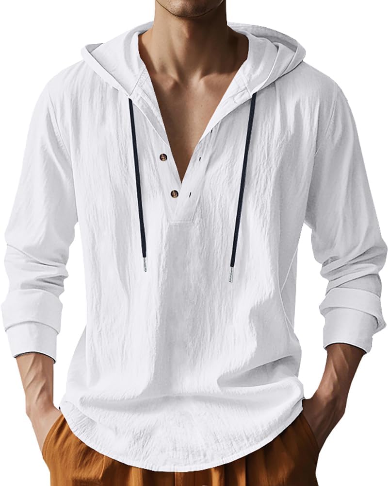 Mens Cotton Linen Hoodies Long Sleeve Button Down Shirts Casual Hawaiian Beach Yoga Sweatshirts White Small