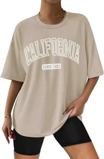 Womens Oversized Cotton T Shirts Graphic Tees Short Sleeve Vintage Tops Casual Summer Clothes 2025 Medium California Khaki
