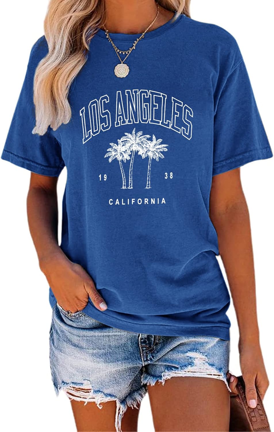 Women Los Angeles Graphic T Shirts California Letter Print Short Sleeve Tee Loose Casual Tops Medium A Blue