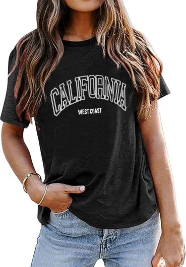 Womens Graphic Letter Print Short Sleeve T-Shirts Crewneck Casual Summer Cute Tees Tops X-Large Black california