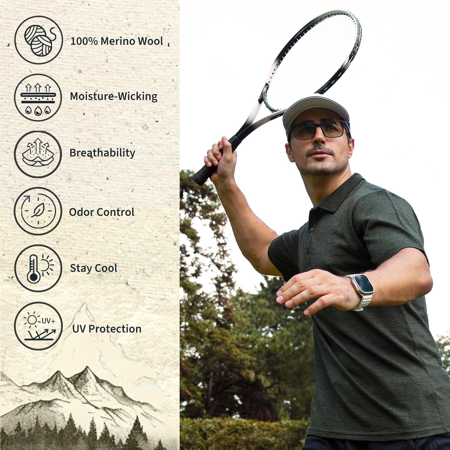 100% Merino Wool Polo Shirts Mens Anti-Odor Short Sleeve Moisture Wicking Base Layer for Travel Large Black