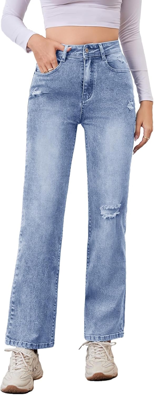 Women's High Waist Jeans Straight Leg Jeans Casual Distressed Stretchy Denim Pants with Pockets Light Indigo Medium