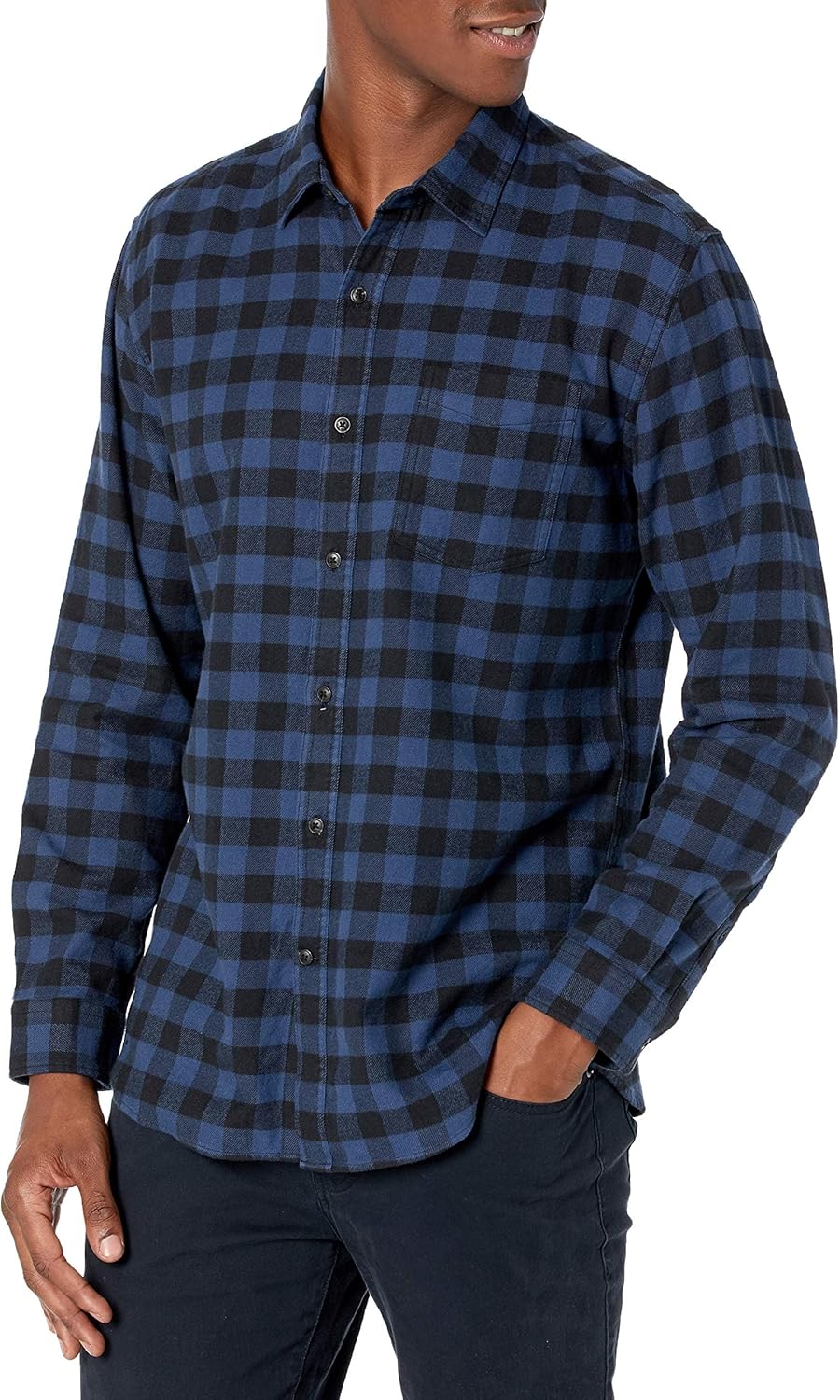 Men's Long-Sleeve Flannel Shirt (Available in Big & Tall) Large Black Blue Buffalo Plaid