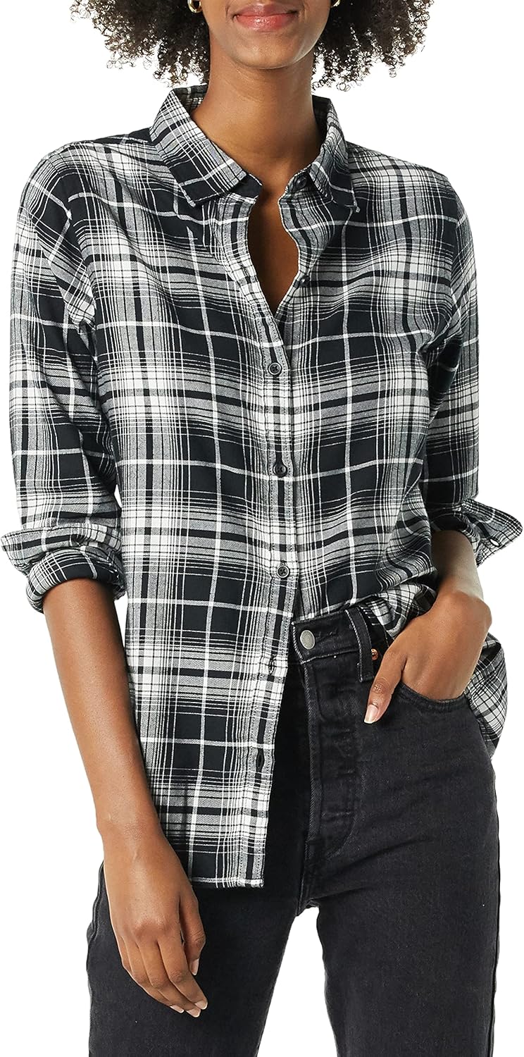 Women's Regular-Fit Long-Sleeve Lightweight Plaid Flannel Shirt Small Black White Large Plaid