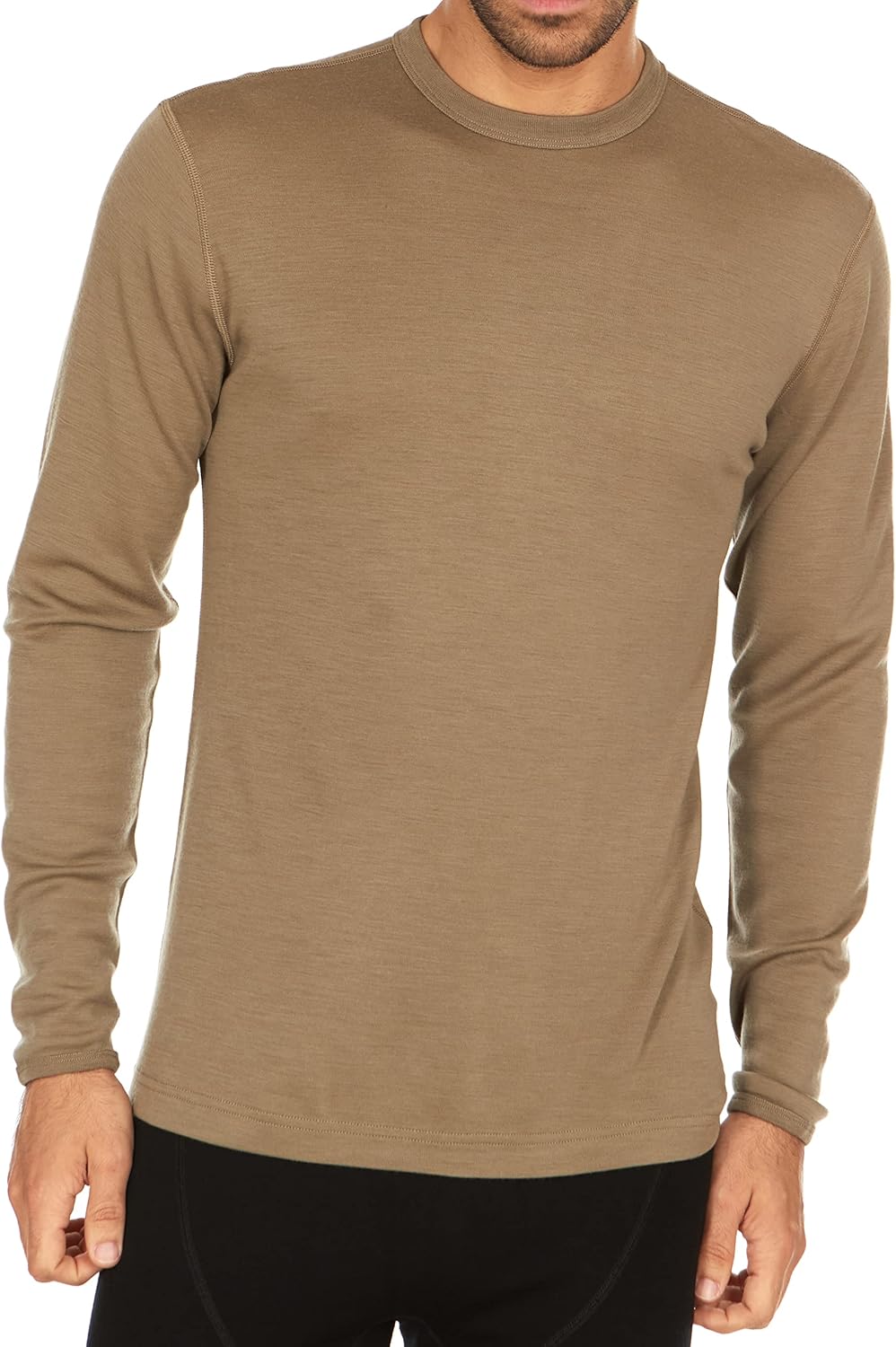 100% Merino Wool - Men's Long Sleeve Crew Shirt - Thermal Base Layer Large 235 Midweight Tan 499
