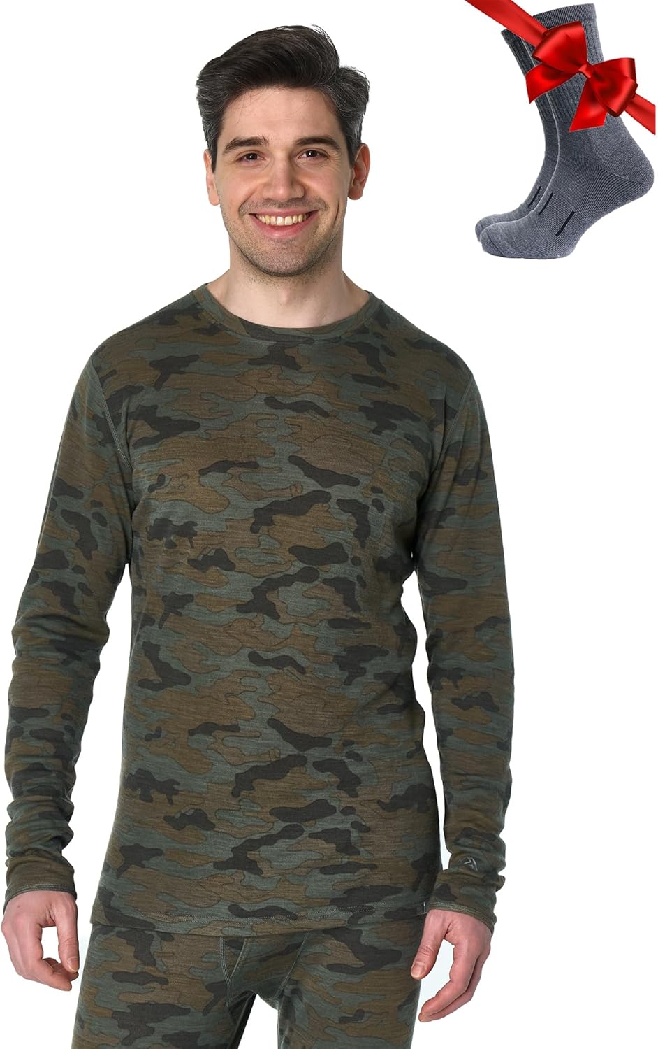 Merino.tech Merino Wool Base Layer - Mens 100% Merino Wool Long Sleeve Thermal Shirts Heavyweight, Midweight, Lite with Socks Large 250 Camo