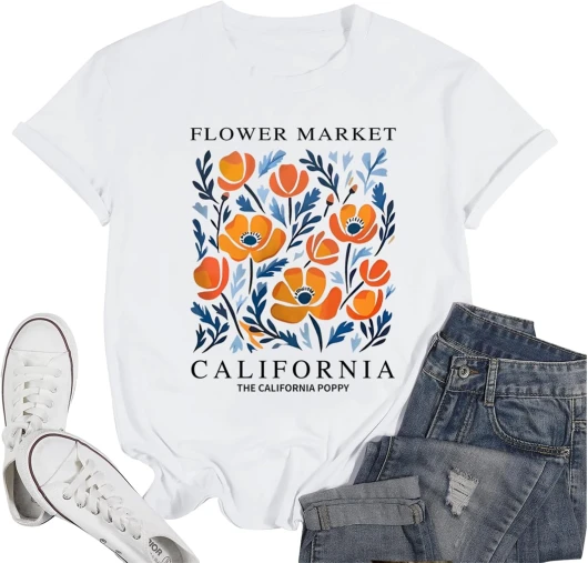 California Poppy Shirt Flower Boho Aesthetic Floral Shirts for Women Vintage Graphic Tees Wildflower Shirt Casual Top White Medium