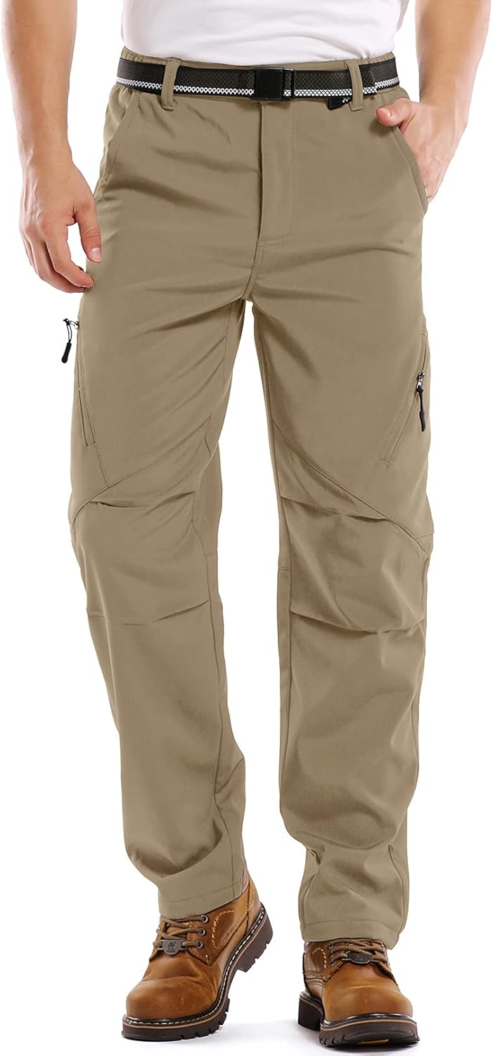 Mens Waterproof Hiking Pants, Outdoor Snow Ski Fishing Fleece Lined Insulated Soft Shell Winter Pants 38 Khaki