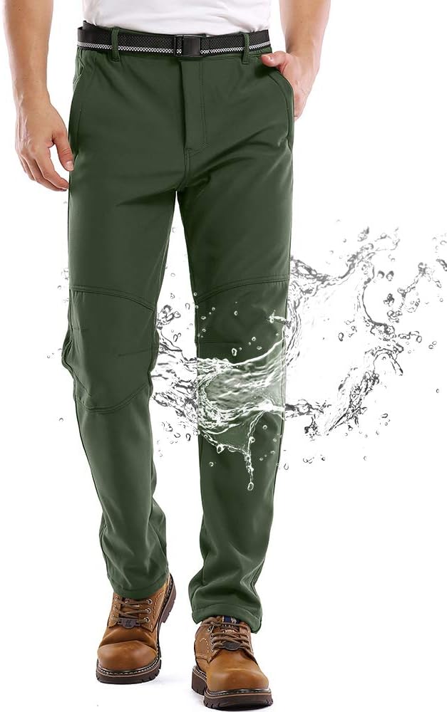 Mens Waterproof Hiking Pants Outdoor Snow Ski Fishing Fleece Lined Insulated Winter Pants Army Green 29