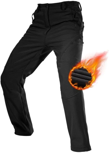 Men's Fleece Lined Outdoor Cargo Hiking Pants Water Repellent Softshell Snow Ski Pants with Zipper Pockets Black 34W x 32L