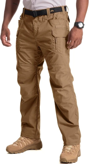 Men's Flex Stretch Tactical Pants, Water Resistant Ripstop Cargo Pants Lightweight BDU Outdoor Work Hiking Wolf Brown 32