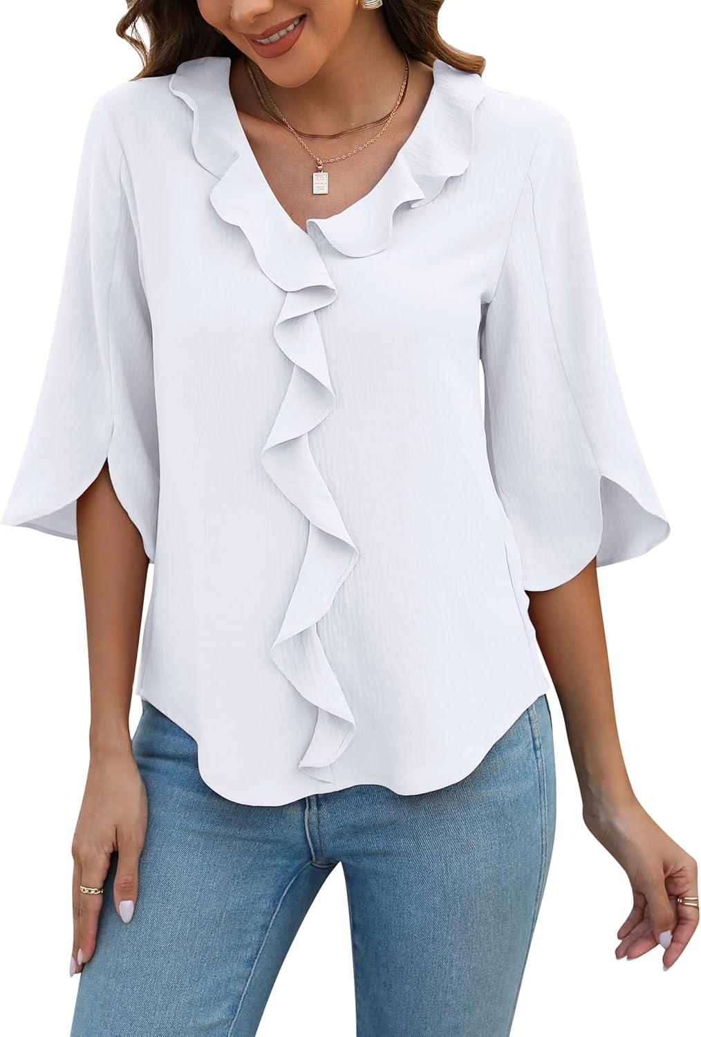 Womens Dressy Casual Blouses 3/4 Sleeve V Neck Ruffle Tops Business Ladies Summer 2025 Trendy Work Shirt Large Ivory White