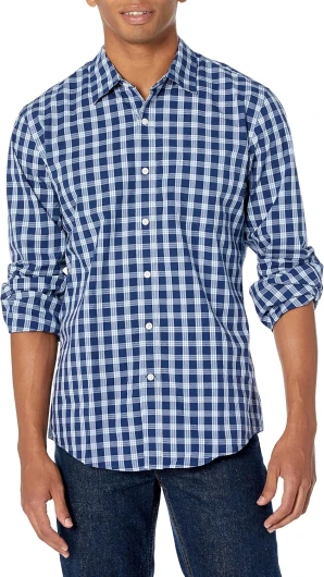 Men's Slim-Fit Long-Sleeve Poplin Shirt Large Navy White Plaid