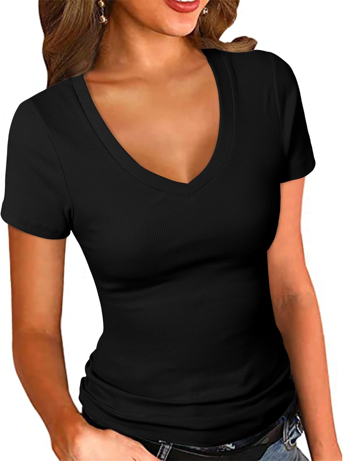 Women's Short Sleeves Ribbed Fitted Shirt Basic V Neck Slim T Shirt Tops Medium Black