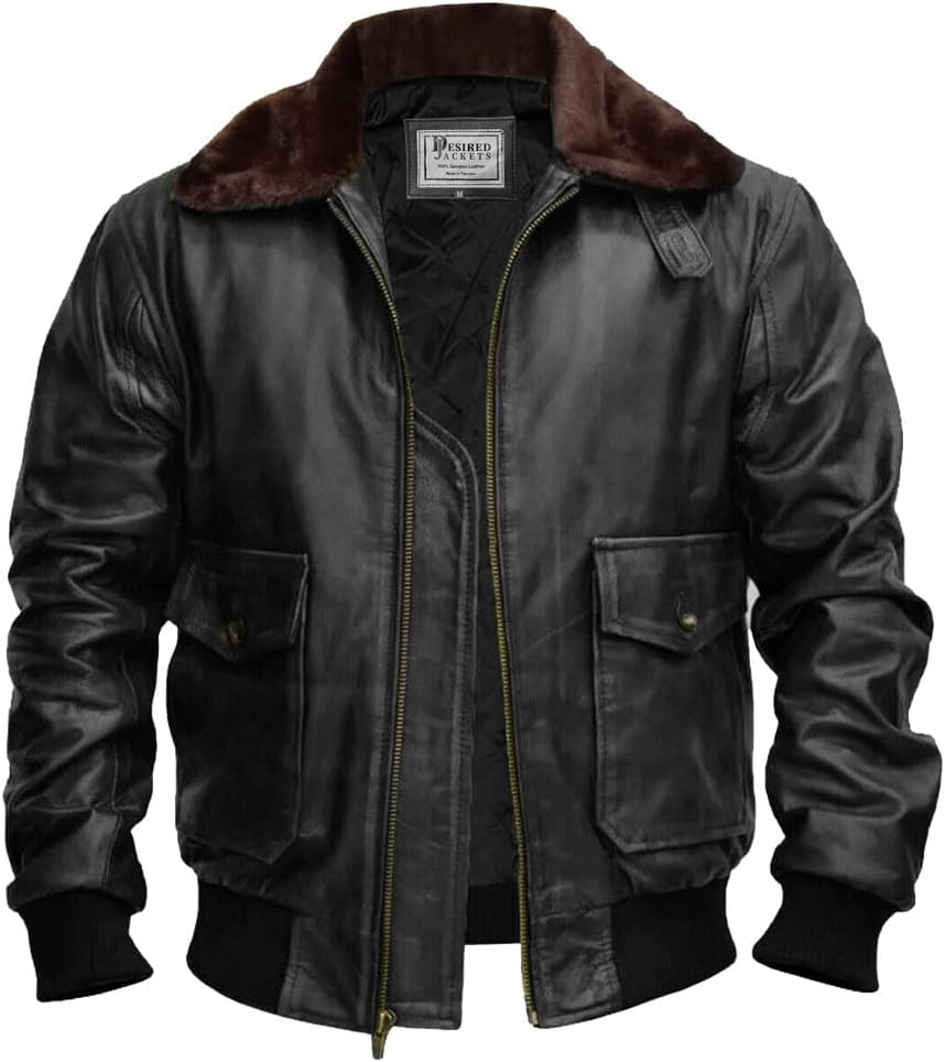 Mens G-1 Fur Collar US Navy Flight Distressed Brown Aviator Genuine Leather Jacket Large G1 Black Leather Jacket