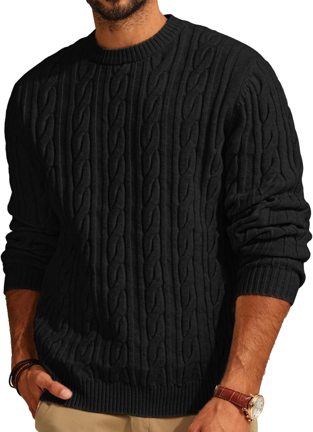 Mens Sweater Crewneck Cable Knit Pullover Sweater Casual Twist Textured Sweaters Black X-Large