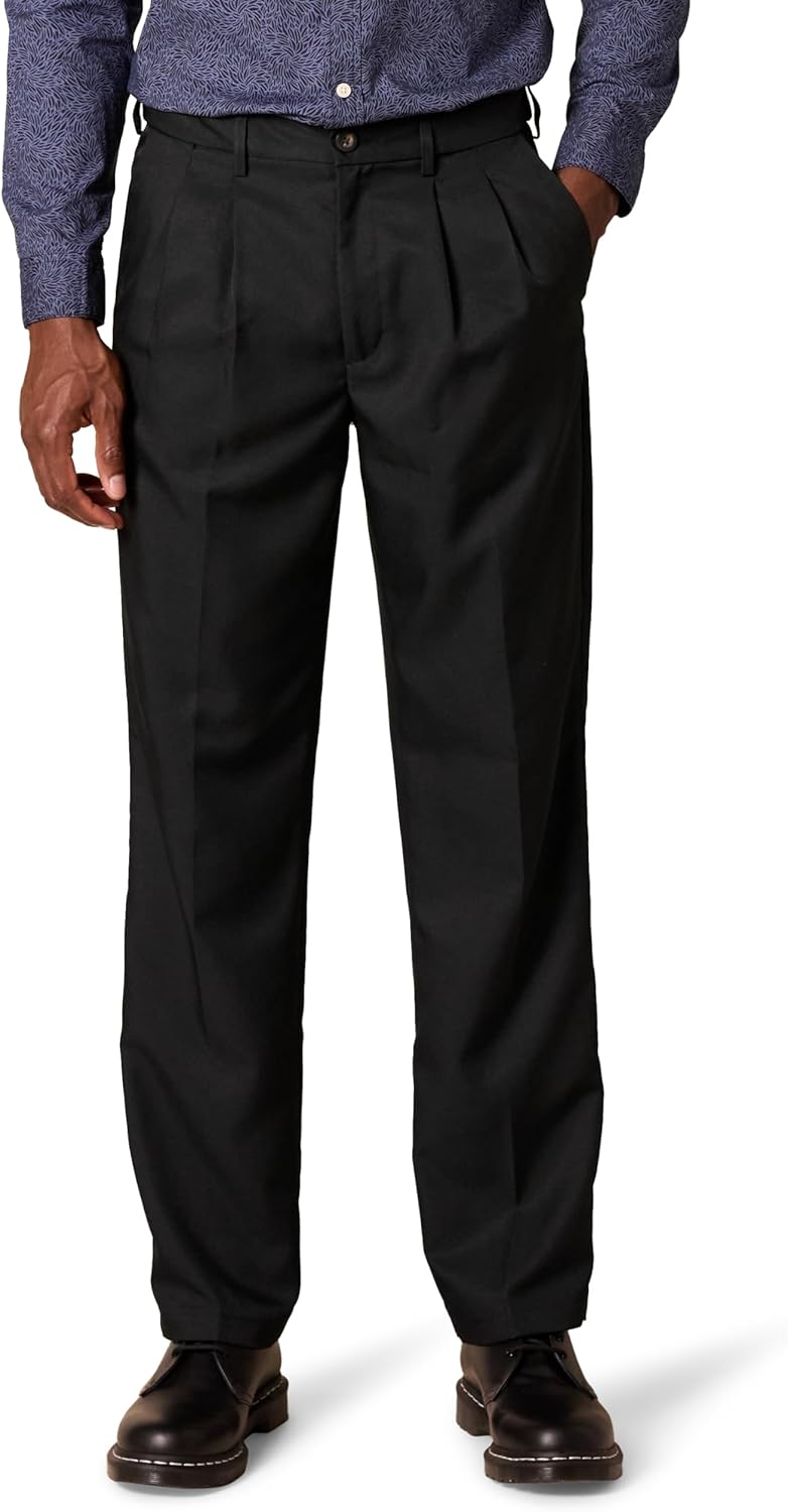 Men's Classic-Fit Expandable-Waist Pleated Dress Pant Recycled Polyester Black 30W x 32L