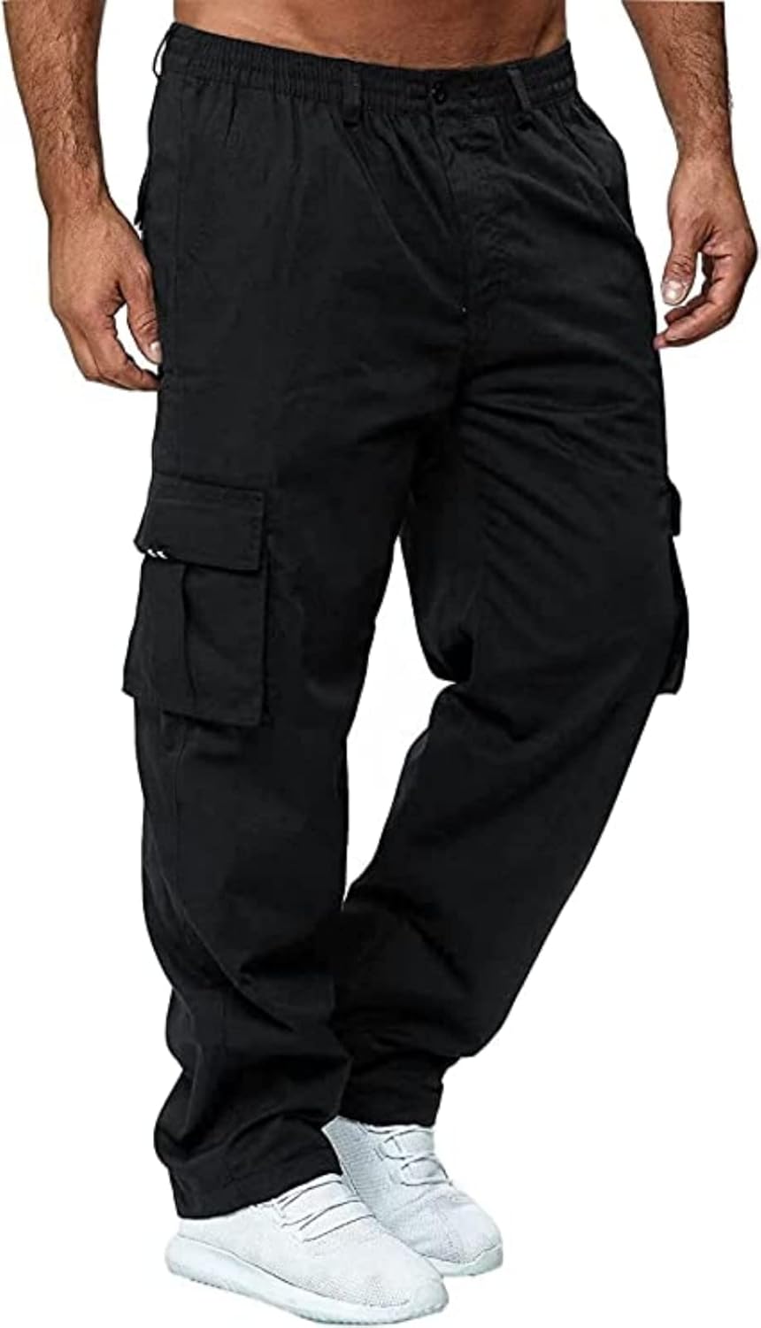 Men's Cargo Pants with Pockets Cotton Hiking Sweatpants Casual Athletic Jogger Sports Outdoor Trousers Relaxed Fit 3X-Large Black