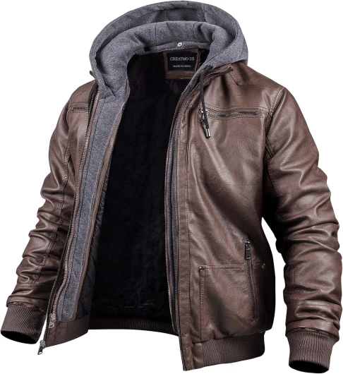 Men's Faux Leather Jacket Motorcycle Jacket Waterproof Windproof PU Moto Vintage Bomber Hoodie with Removable Hood Small Coffee