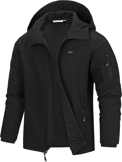 33,000ft Men's Hooded Softshell Jacket Waterproof Lightweight Insulated Windbreaker Fleece Lined Rain Shell Jacket Large Black