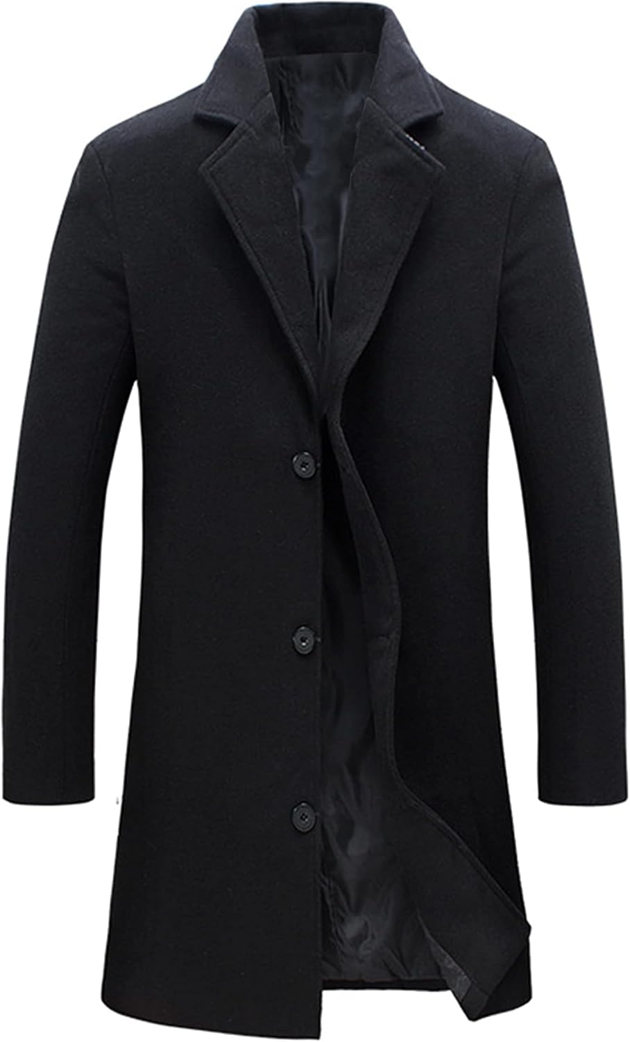 Men's Wool Blend Pea Coat Notched Collar Single Breasted Overcoat Warm Winter Trench Coat Black Medium