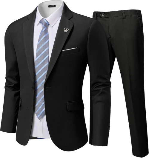 MY'S Men's 2 Piece Slim Fit Suit, One Button Jacket Pants Set with Tie X-Small Black