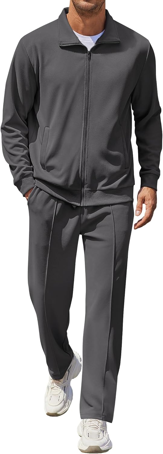 Men's Casual Sweatsuit 2 Piece Athletic Full Zip Tracksuit Jacquard Jogging Set Fashion Jackets And Pants Outfit Dark Grey Medium