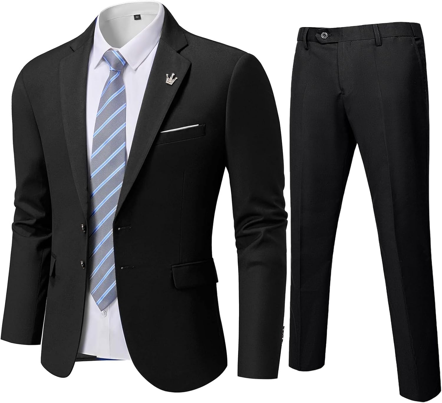 MY'S Men's Slim Fit 2 Piece Two Button Suit, Notch Lapel Jacket Pants Set with Tie, Solid Party Wedding Dress Blazer Black Large