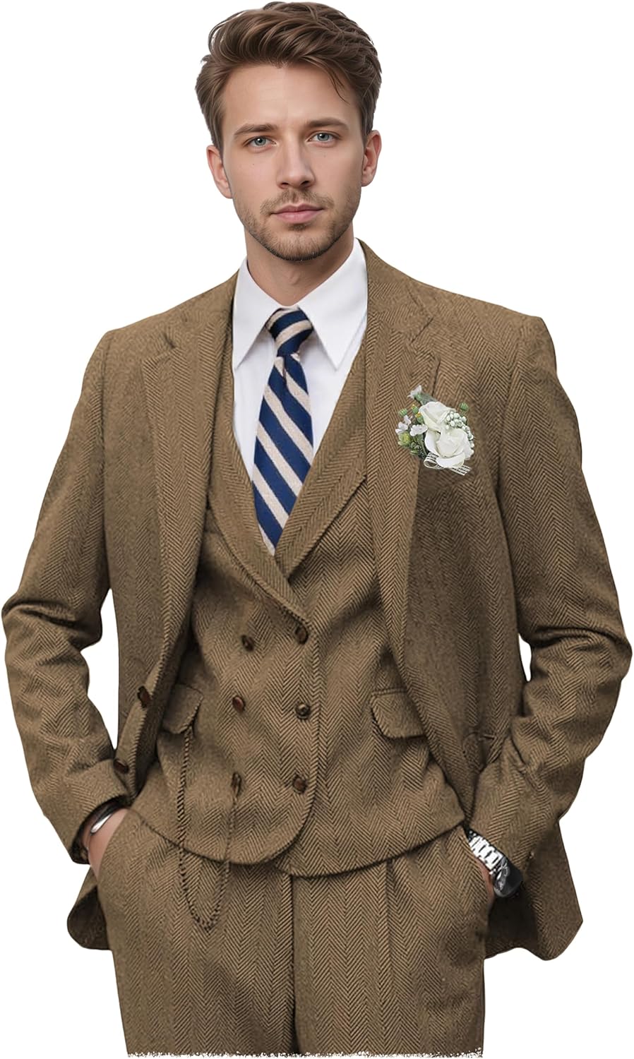 Tweed Herringbone Suit for Men Wool Suits Retro Mens 3 Piece Slim Fit Blazer Jacket Vest Pants Tuxedo Set for Groomsmen Prom Brown XX-Large