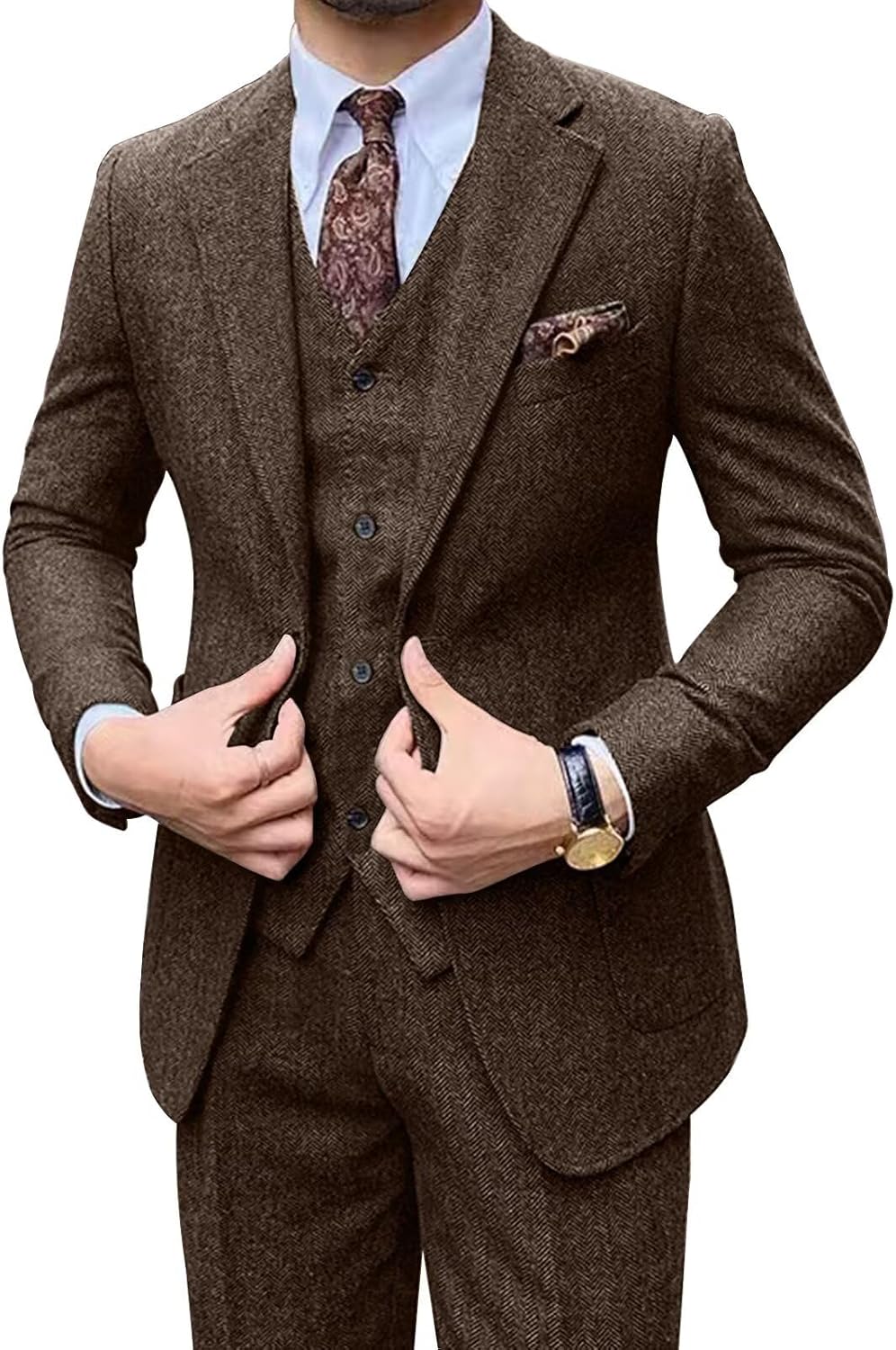 Retro Men Suit 3 Piece Tweed Herringbone Men's Suits Wool Jacket Tuxedos Wedding Grooms Blazer Vest Pants Set Prom Dark Brown 3X-Large