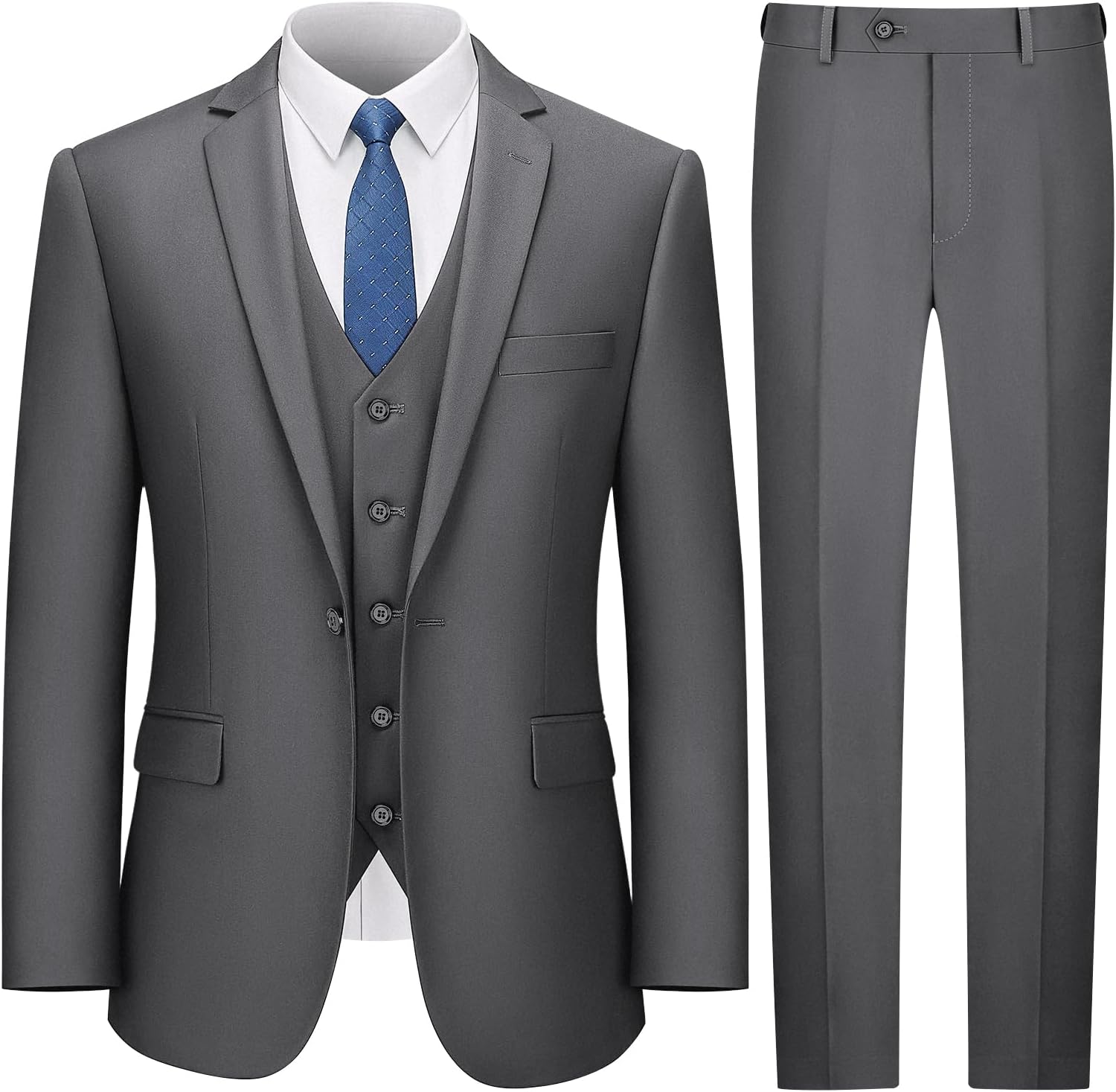 Suits for Men, 3 Piece Men's Suit Slim Fit, Solid Jacket Vest Pants with Tie, One Button Tuxedo Set Large Dark Gray