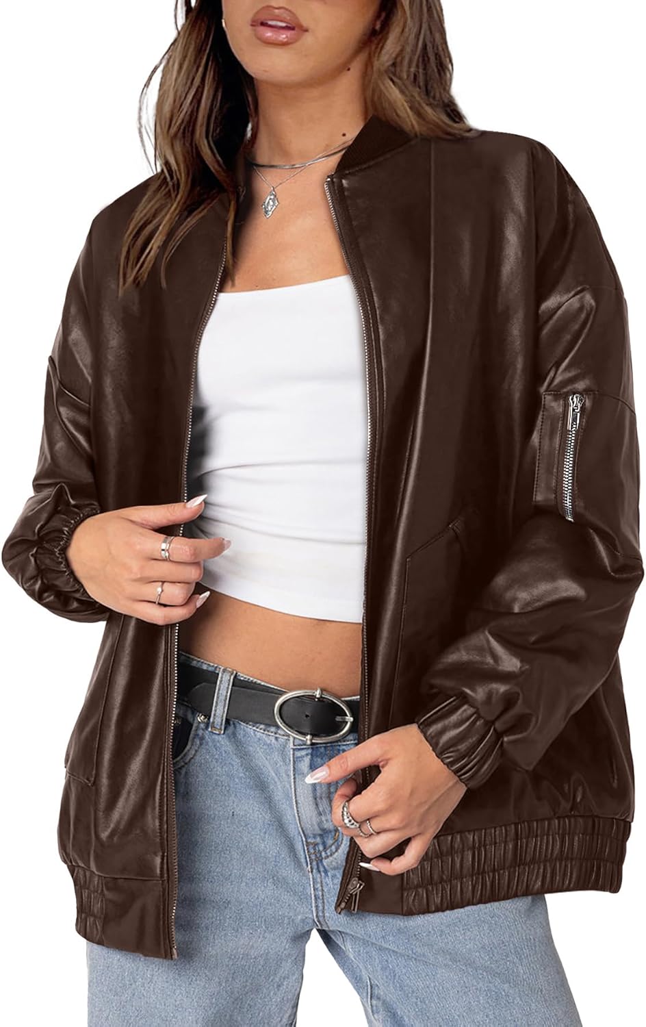 Faux Leather Jacket Women Oversized Motorcycle Bomber Coats Zip Up Sleeve Pocket 2025 Fall Winter Clothes Medium Brown