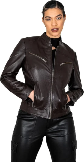 BRICK LANE Mandarin Collar Fitted Leather Jacket for Women - Genuine Lamb Nappa Leather Jacket with Zip Pockets Large Brown