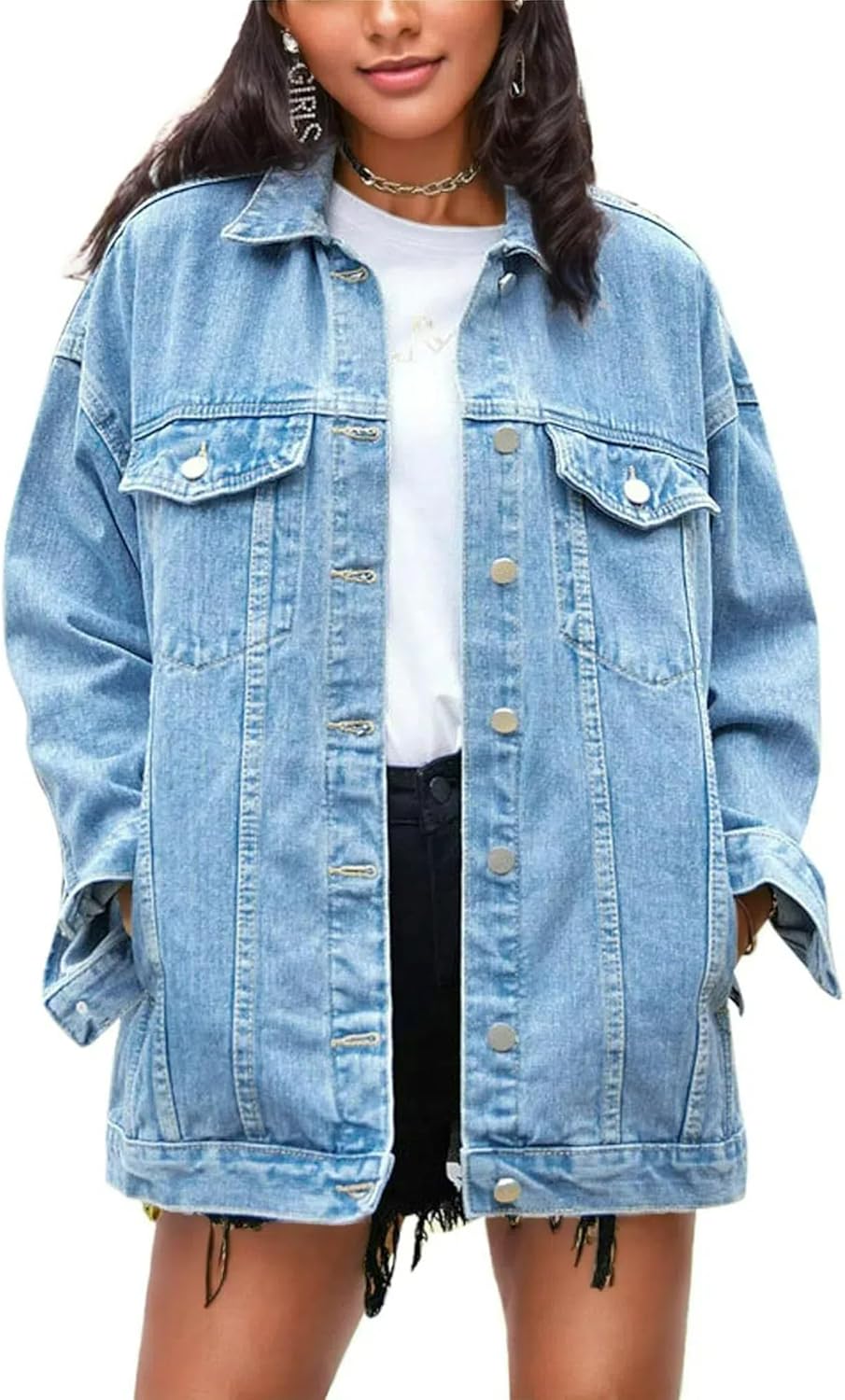 Women's Oversized Mid Long Denim Jacket Jean Biker Coat Large Denim Blue