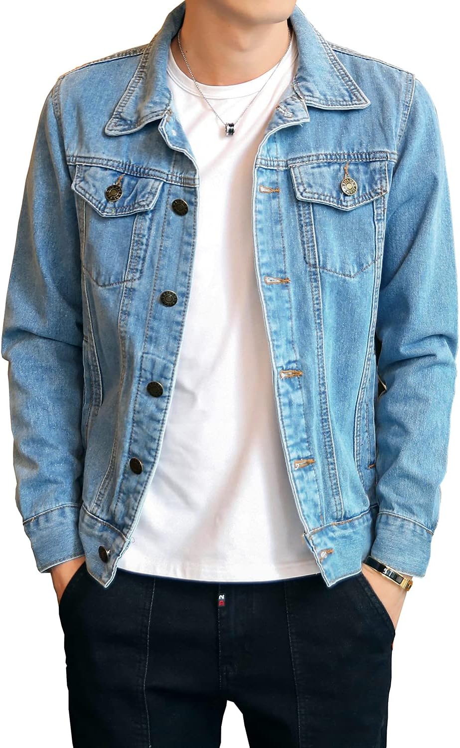DAVID.ANN Men's Denim Jacket Slim Fit Trucker Coat X-Large Jk801 Light Blue