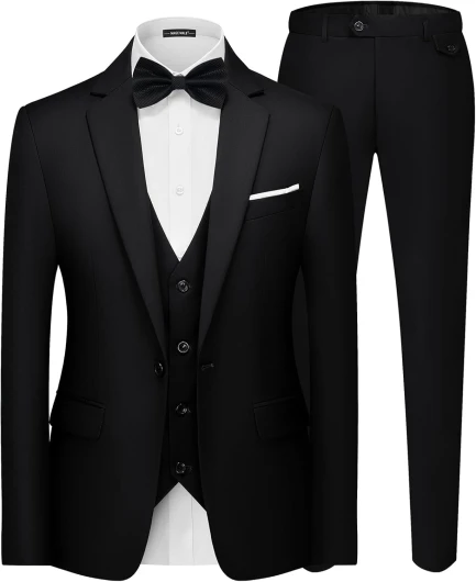 Men's 3 Pieces Suit Elegant Solid One Button Slim Fit Single Breasted Party Blazer Vest Pants Set Black X-Large