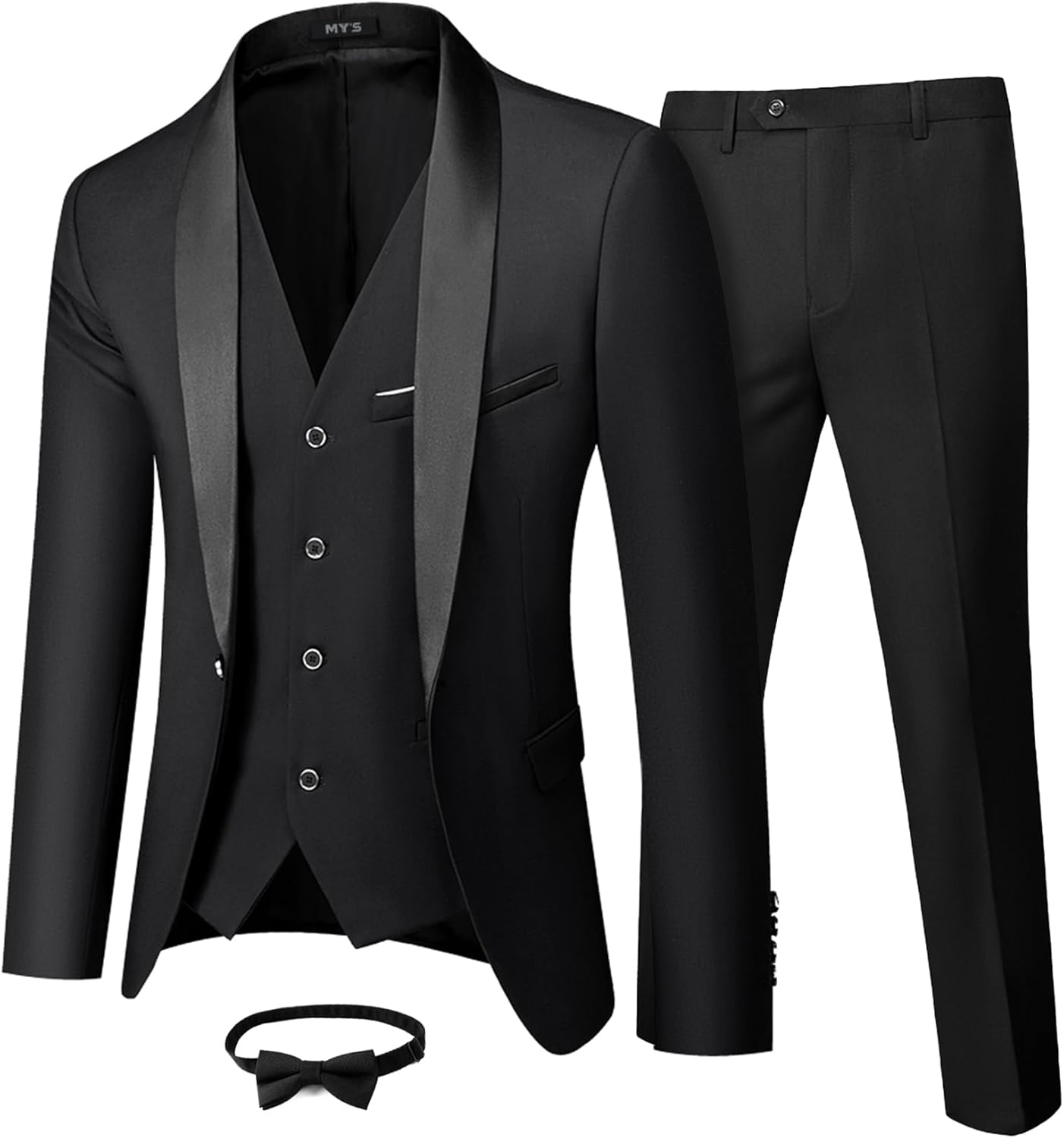 MY'S Mens 3 Piece Tuxedo Set with Bow Tie, Shawl Lapel One Button Jacket Vest & Pants, Slim Fit Suit Prom Party Wedding Tux Black Medium