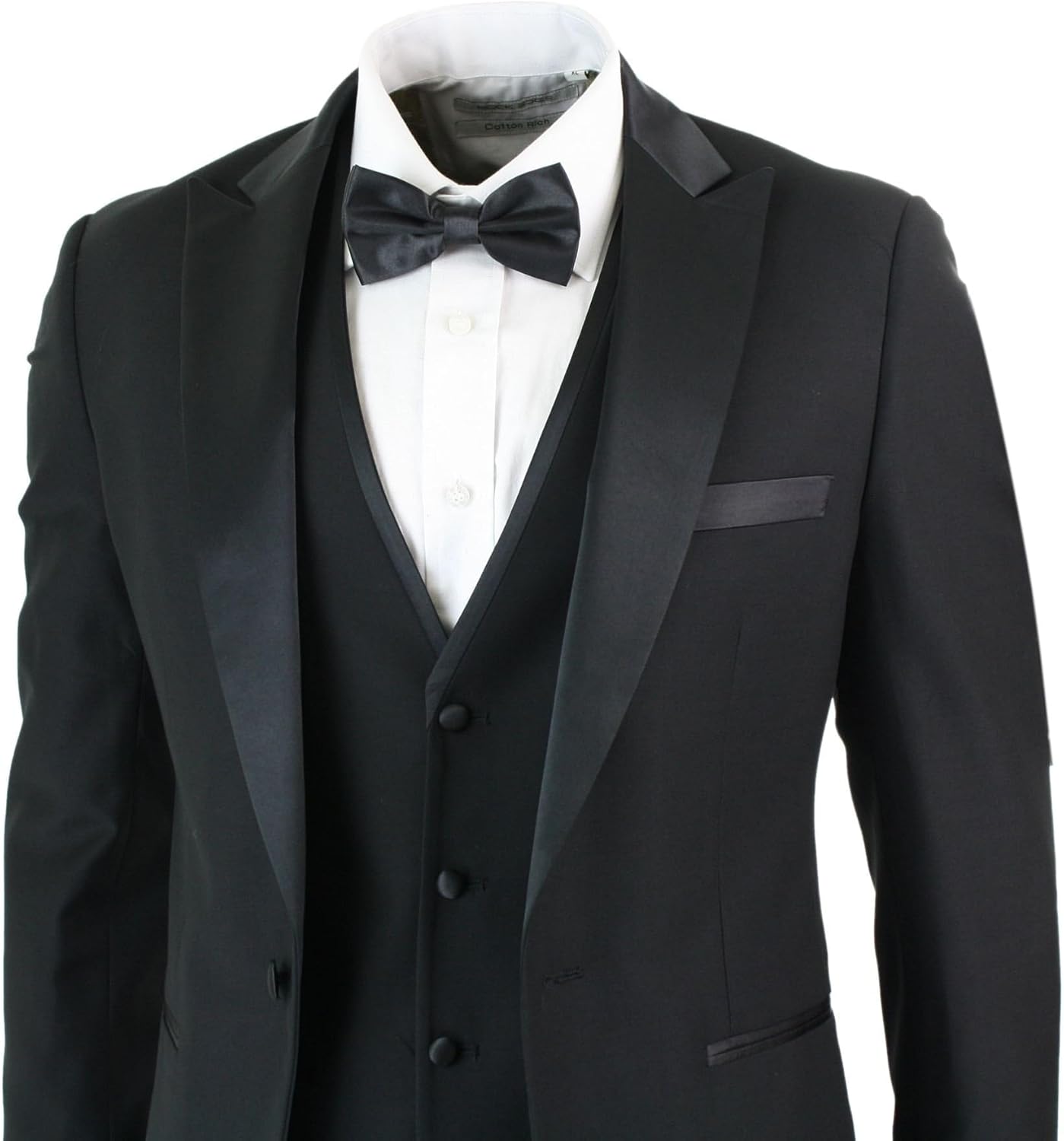 Mens 3 Piece Black Classic Satin Tuxedo Dinner Suit Tailored Fit Wedding Prom 38 Black