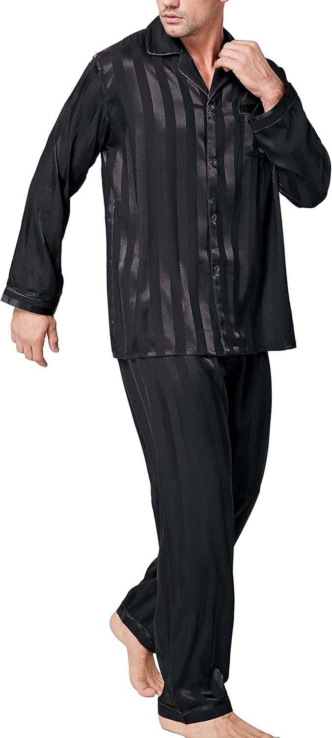 Pajamas Set Mens Silk Satin Pajamas Long Sleeve Loungewear Two-Piece Sleepwear Button-Down Pj Set S-XXXXL Black Striped Large