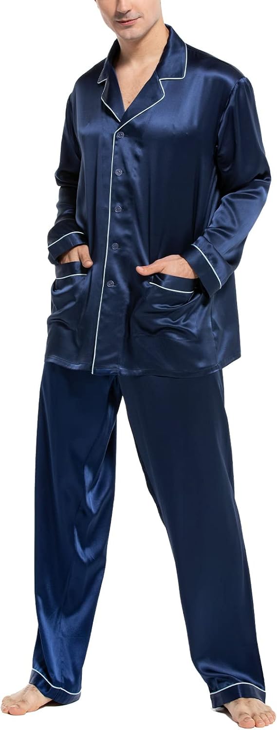 100% 19MM Mulberry Silk Pajamas for Men Soft Lightweight Mens Silk Pajama Set for Valentines Pjs X-Large Navy