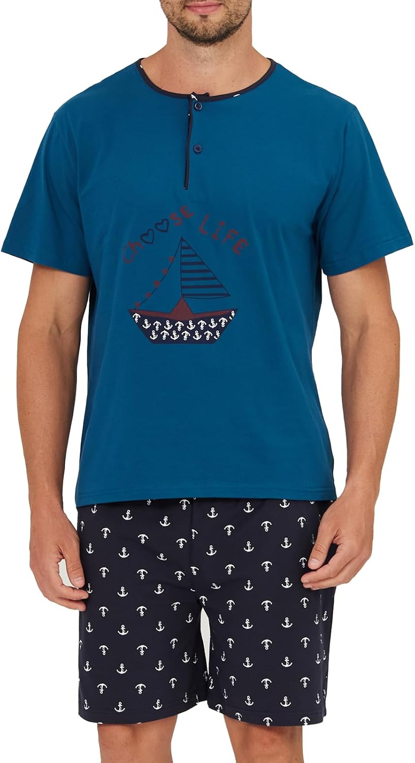 Mens Henley Pajama Set, Soft Cotton Short-Sleeve T-Shirt & Shorts Summer PJ Set for Sleeping XX-Large Tahitian Tide